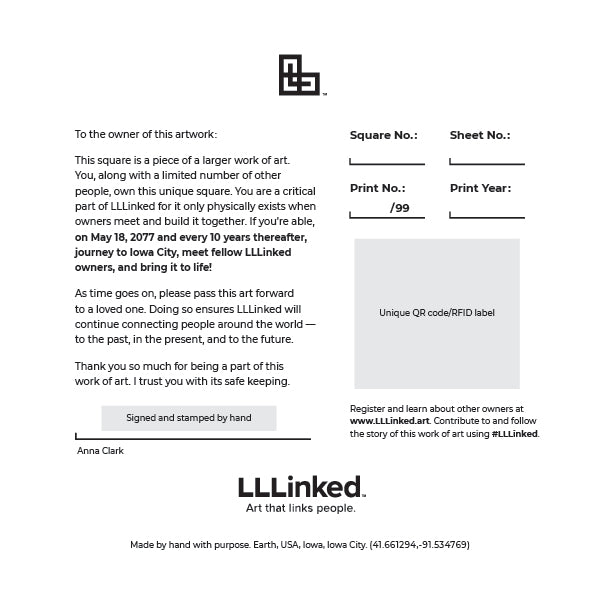 Image showing the back of a LLLinked square. Each square is cut, labeled, signed, and stamped by hand. Each LLLinked square has a unique QR code/RFID label. No two squares are the same. Owners can register and connect with other owners at LLLinked.art.